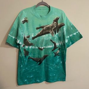 Vintage 90’s Liquid Blue Tie Dye Seals Marine Print T-Shirt Men’s Size L / XL